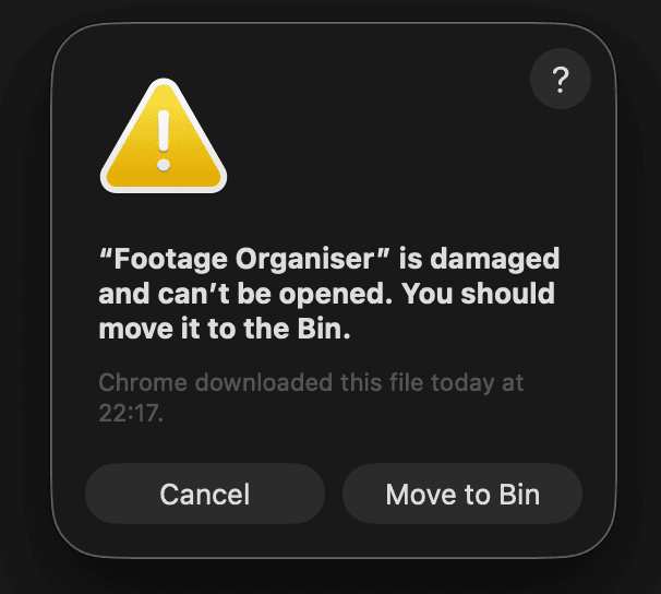 A macOS dialog saying the application is damaged and cannot be opened, offering to move it to the Bin.