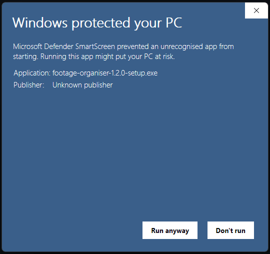 The same dialog expanded to show the application name and publisher, now with a 'Run anyway' button.
